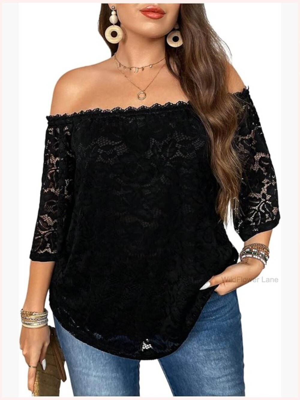 Lace Off Shoulder Tunic Blouse Plus Size Loose Fit 3/4 Sleeve Dressy Casual